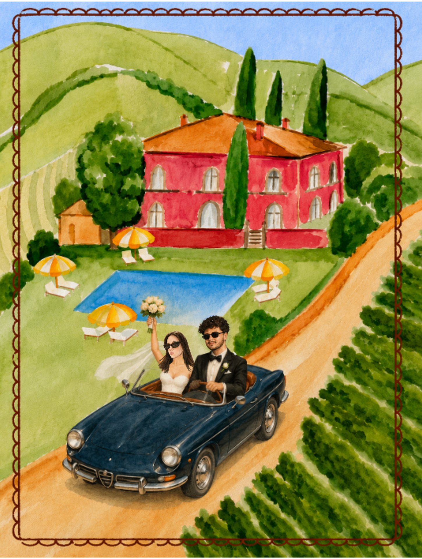 Watercolor of bride and groom driving through Tuscan hills